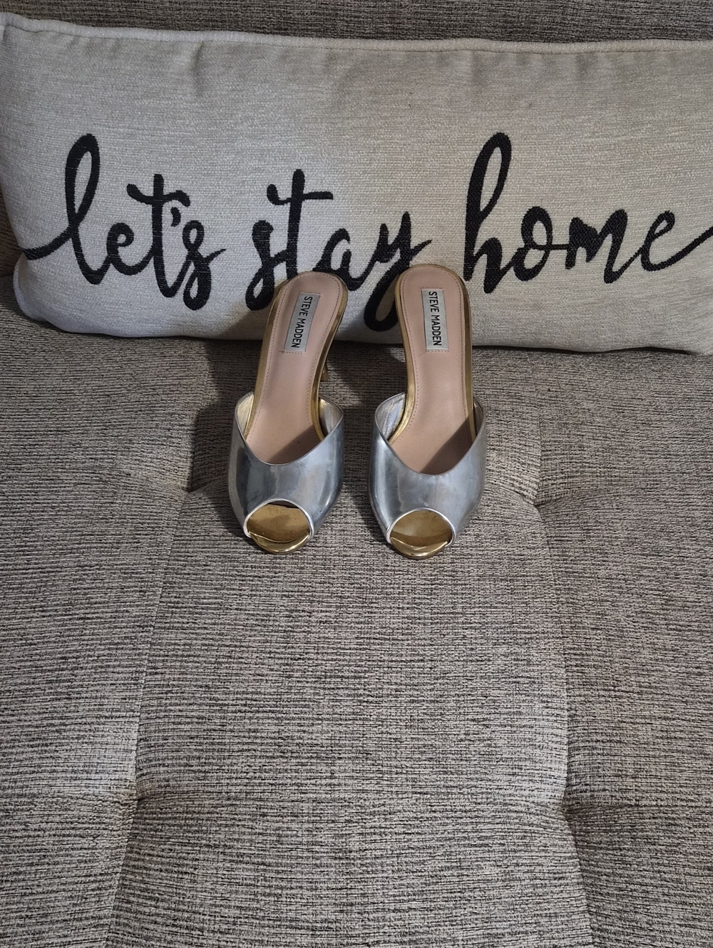 Steve Madden Silver & Gold Peep-Toe Slide Heels